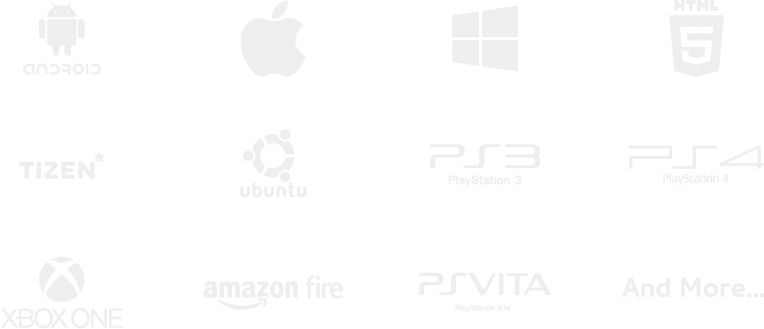 sviluppiamo per Android, Mac, iOS, Windows, WUP, HTML5, Tizen, Ubuntu, Linux, ps3, ps4, Xbox One, Amazon Fire, psVita